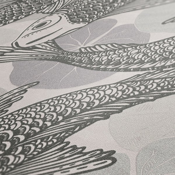 Nahaufnahme einer Tapete mit Fischmuster und Seerosenmotiven