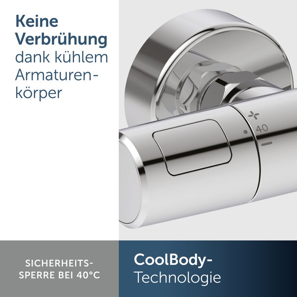 Thermostatarmatur mit CoolBody Technologie und Sicherheitssperre bei 40 degrees