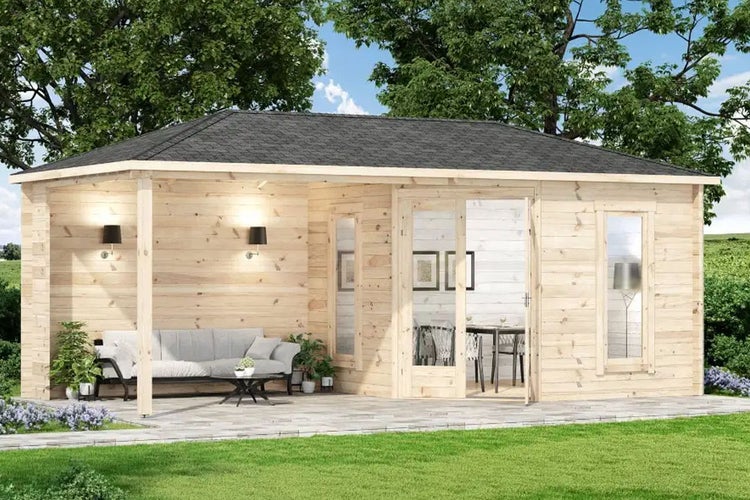 Alpholz 5-Eck Gartenhaus Liwa Gartenhaus aus Holz, Holzhaus mit 28 mm Wandstärke inklusive Terrasse, Blockbohlenhaus mit Montagematerial, Naturbelassen 6x3m