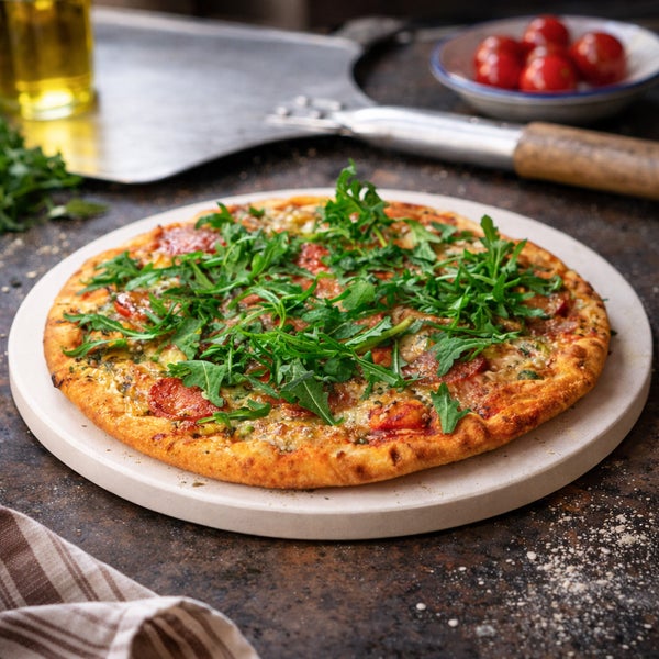 Pizza mit Rucola auf Pizzastein