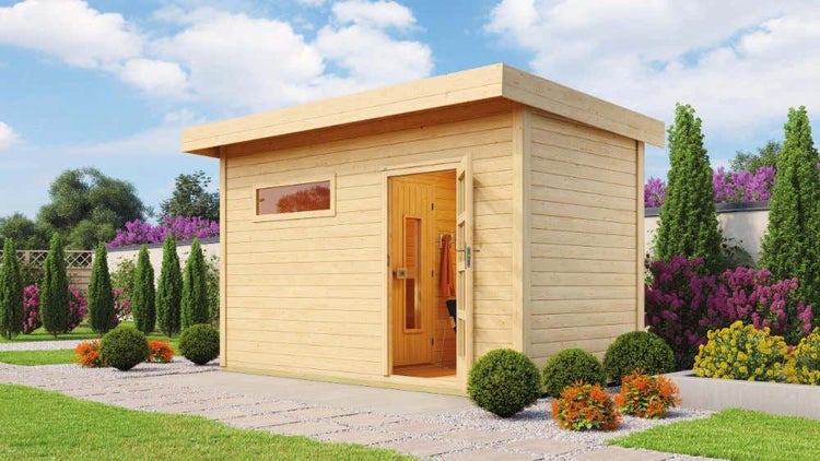 FinnTherm Saunahaus Lycka Gartensauna mit 38 mm Wandstärke Sauna Außensauna Flachdach