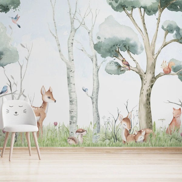 Kindertapete Waldtiere Landschaft 500 x 250 cm