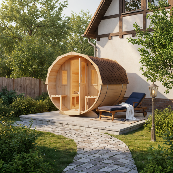 Fasssauna aus hellem Holz im Garten auf einer gepflasterten Terrasse mit Sonnenliege und Laternen bei Dämmerung.