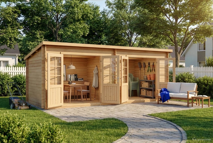 Großes Gartenhaus aus Holz mit zwei Doppeltüren, eingerichtet als Wohnbereich und Lagerraum, auf einer gepflasterten Terrasse im Garten.