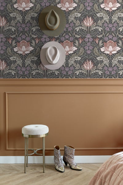 ESTAhome Tapete Blumenmuster im Jugendstil Graugrün und Braun - 50 x 900 cm - 131084