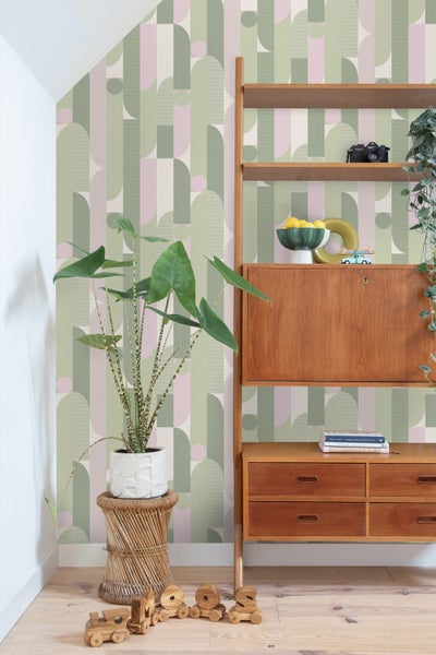 ESTAhome Tapete geometrische Formen Graugrün und Violett - 50 x 900 cm - 131057
