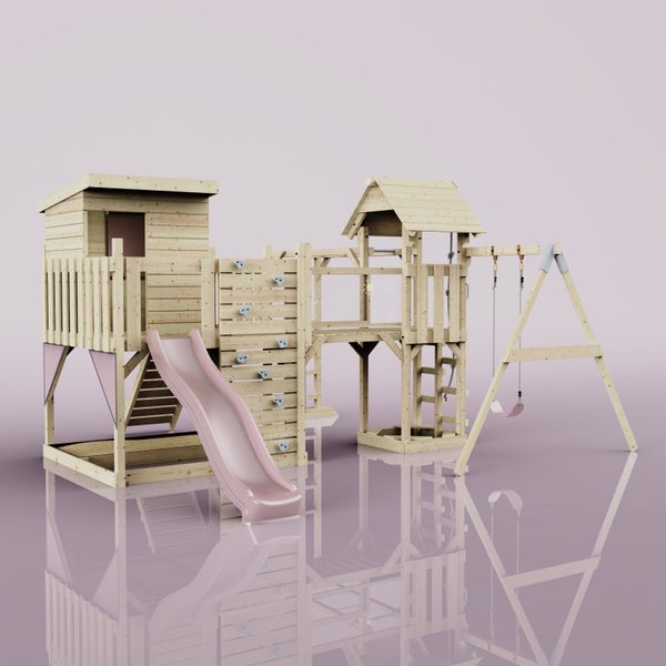 Spielplatz mit Spielhaus, Rutsche, Kletterwand und Schaukel aus Holz