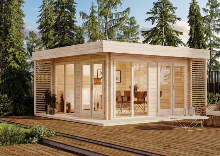 Alpholz Gardenlounge Viva A Gartenhaus aus Holz, Holzhaus mit 44 mm Wandstärke inklusive Terrasse, Blockbohlenhaus mit Montagematerial, Naturbelassen 4,8x4,8m