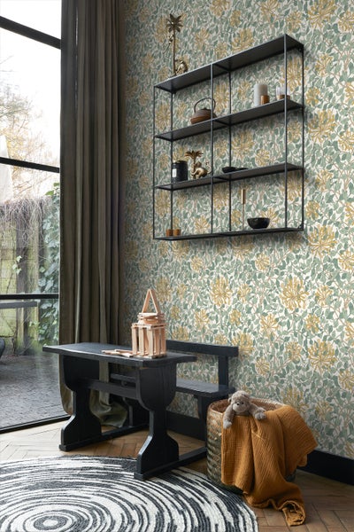 ESTAhome Tapete Blumen Türkis und Ockergelb - 50 x 900 cm - 131031