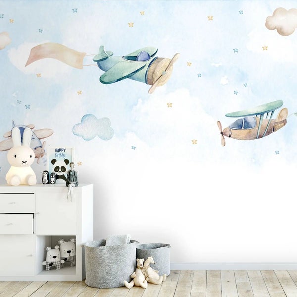 Kindertapete Flugzeuge Aquarell 600 x 300 cm