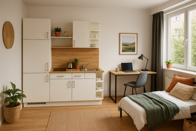 Helles Zimmer mit Küchenzeile, Schreibtisch und Bett für eine kompakte Raumlösung