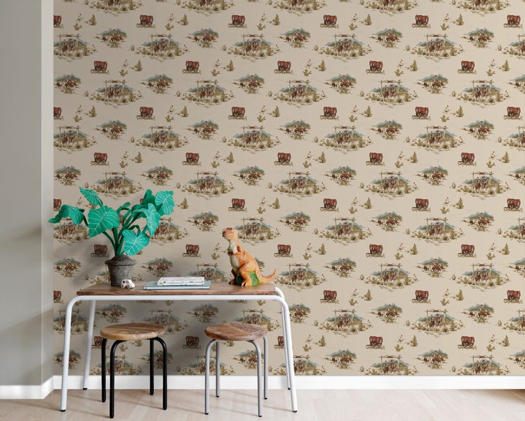 Tapete mit Westernmotiv, inklusive Cowboys, Planwagen und Kakteen