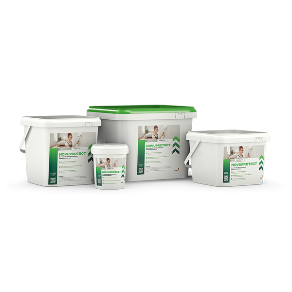 Vier Eimer Home Line NOVUPROTECT physikalisch wirkender Schimmelschutz in verschiedenen Größen.