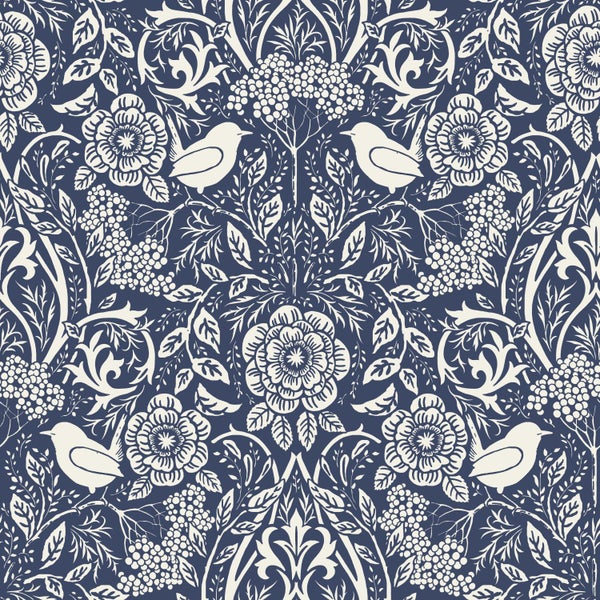 ESTAhome Tapete Blumen und Vögel im Jugendstil Dunkelblau - 50 x 900 cm - 139435