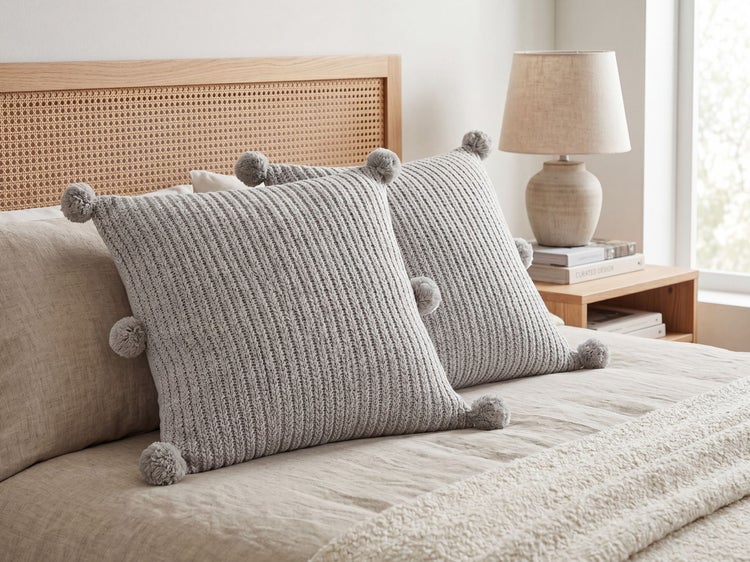 Zwei gerippte Strickkissen mit Bommeln auf einem Bett mit Kopfende aus Holz und Rattan sowie einer Tischlampe in hellem Ambiente.