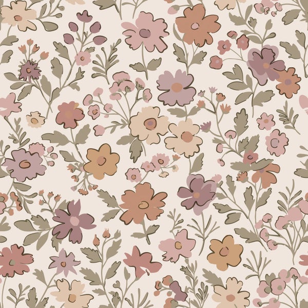 ESTAhome Tapete Blumen mauve-violett, Graugrün und Terrakotta - 53 cm x 10.05 m - 131328