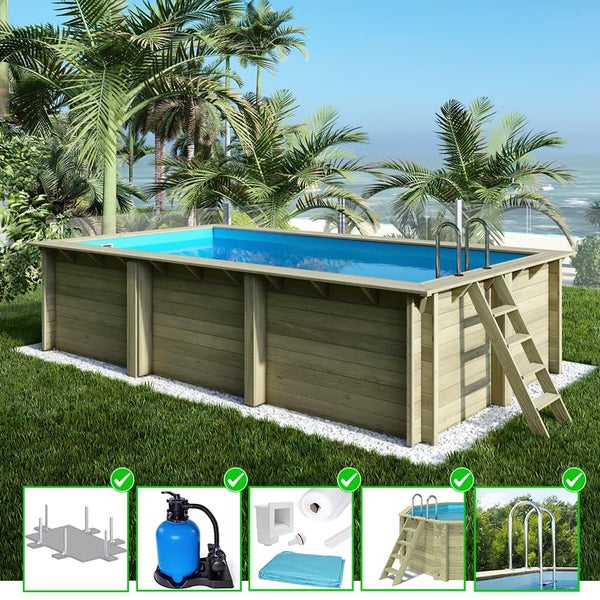 Holzpool mit Leiter, Filteranlage und Zubehör auf einer Rasenfläche