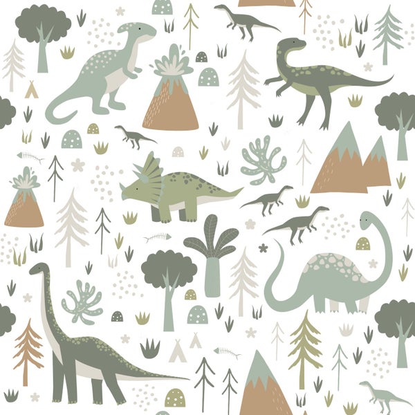 Illustration mit Dinosauriern, Bäumen und Bergen