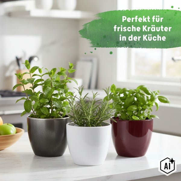 Drei kleine Kräutertöpfe mit Minze, Rosmarin und Basilikum auf einer hellen Arbeitsplatte in einer hellen, modernen Küche.