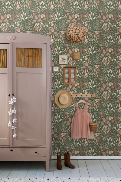 ESTAhome Tapete Blätter und Blumen Grün und Terrakotta - 50 x 900 cm - 131383