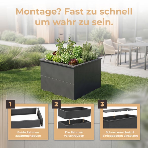 Bepflanztes dunkelgraues Hochbeet im Garten mit Montageanleitung: Rahmen zusammenbauen, verschrauben sowie Schneckenschutz und Boden einsetzen.