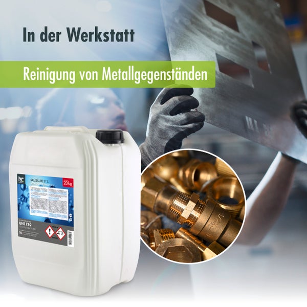 Salzsäure 31 Prozent in einem 20 Kilogramm Behälter zur Reinigung von Metallgegenständen in der Werkstatt