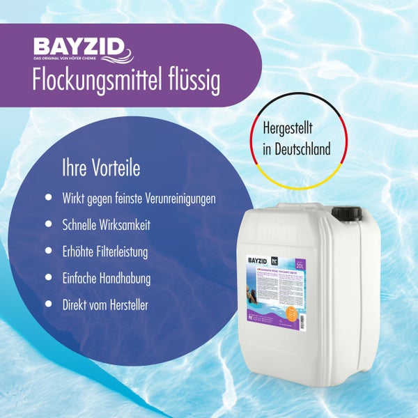 BAYZID Flockungsmittel flüssig in einem 20 Liter Behälter, hergestellt in Deutschland, zur Beseitigung von feinsten Verunreinigungen und zur Erhöhung der Filterleistung in Pool Filteranlagen.