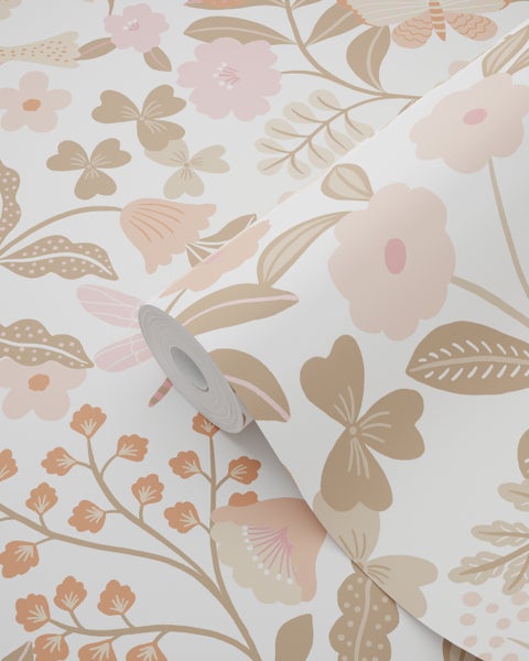 ESTAhome Tapete Blumen und Vögel Terrakotta, Taupe und Rosa - 53 cm x 10.05 m - 131391