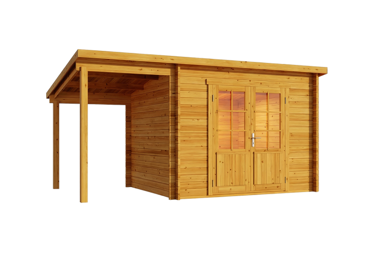 Gartenhaus aus Holz mit Doppeltür, Sprossenfenstern und seitlichem Anbau mit Pultdach.