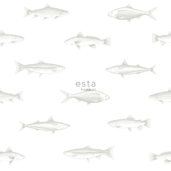 ESTAhome Tapete Federzeichnung Fisch Weiß und Silber - 53 cm x 10.05 m - 138966