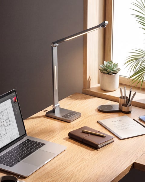Moderne LED-Schreibtischlampe aus Metall auf einem Holzschreibtisch in einem hellen, organisierten Büro mit Laptop, Pflanze und Notizbuch.