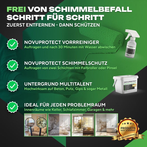 Novuprotect Schimmelbekämpfung: Vorreiniger und Schutz für Beton, Putz, Gips und Metall. Ideal für Keller und Wohnräume. Hergestellt in Deutschland.