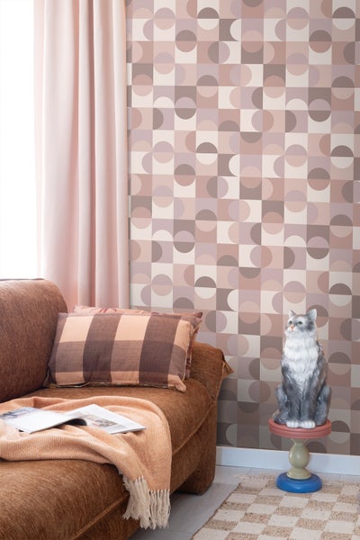 ESTAhome Tapete Kreise im Bauhaus-Stil Helllila, Rosa und Braun - 50 x 900 cm - 131243