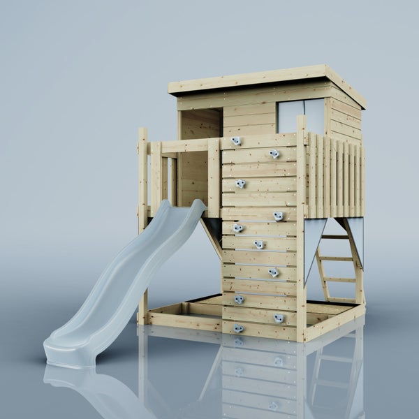 Spielturm aus Holz mit Rutsche, Kletterwand mit Klettersteinen, Leiter und Sandkasten.