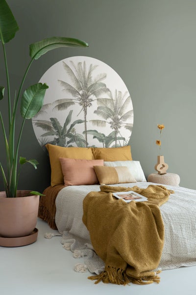 ESTAhome selbstklebende runde Tapete Palmen Hellbeige und Graugrün - Ø 140 cm - 159007