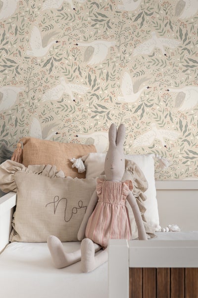 ESTAhome Tapete Schwäne Beige, Weiß und Graugrün - 53 cm x 10.05 m - 139797