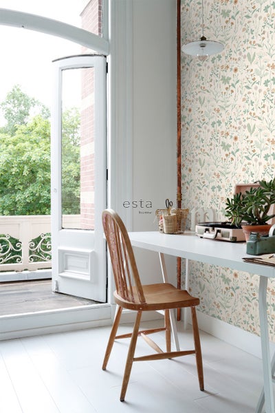 ESTAhome Tapete Feldblumen Grün, Terrakotta und Violett - 53 cm x 10.05 m - 139481