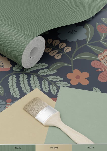 ESTAhome Tapete Blumen und Vögel Dunkelblau, Rosa und Grün - 53 cm x 10.05 m - 139870
