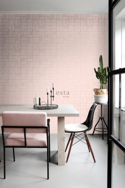 ESTAhome Tapete Art Decó Muster Hellrosa und Gold - 53 cm x 10.05 m - 139207