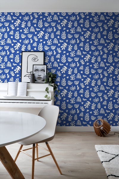 ESTAhome Tapete Pflanzen im Matisse-Stil Blau und Weiß - 50 x 900 cm - 131020