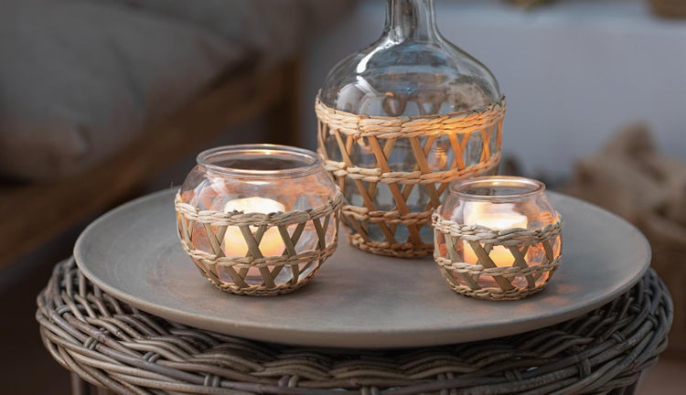 Dekoleidenschaft 2x Windlicht Geflecht aus Glas, Kerzenglas mit Seegras Geflecht, Teelichthalter, Kerzenhalter für Stumpenkerzen, Dekoglas, Tischdeko