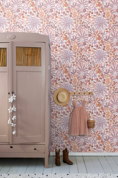 ESTAhome Tapete tropische Blätter und Blüten Violett, Terrakotta und Rosa - 0.53 x 10.05 m - 130944