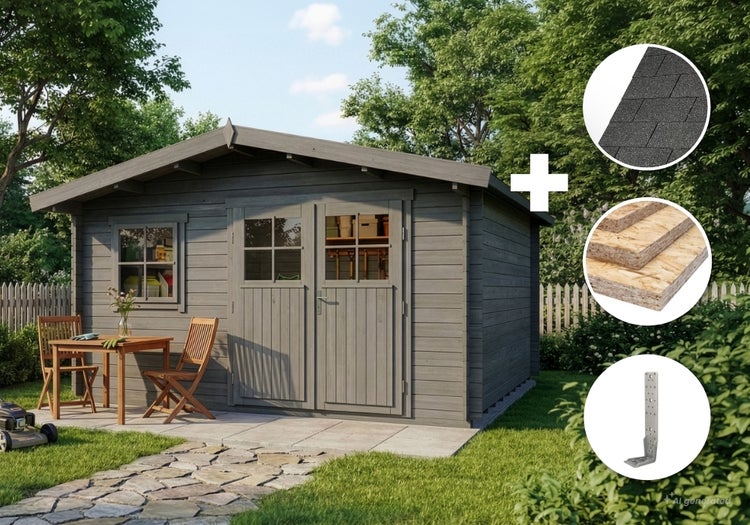 Gartenhaus aus Holz mit Dachschindeln, Dachplatten und Montagewinkeln, aufgestellt in einem Garten mit Sitzgruppe im Freien.