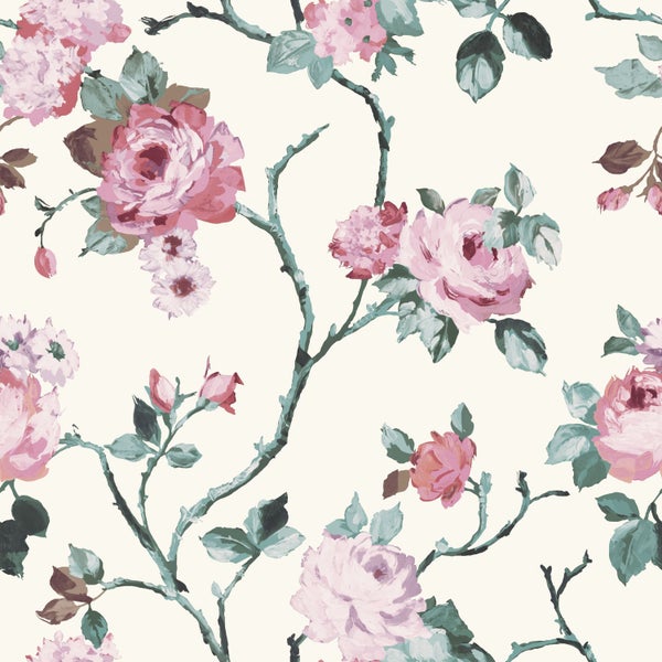 Origin Wallcoverings Tapete Blumen Crême-Weiß und Hellrosa und Grün - 53 cm x 10.05 m - 347433