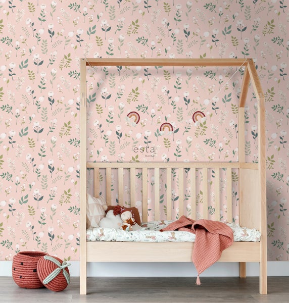 ESTAhome Tapete Blumen Hellrosa, Grün und Weiß - 53 cm x 10.05 m - 139340