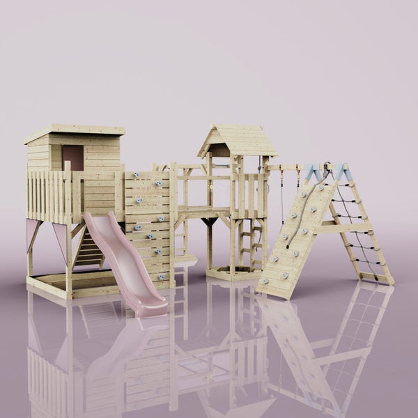 Holzspielplatz mit Kletterwand, Rutsche und Spielhaus für den Garten