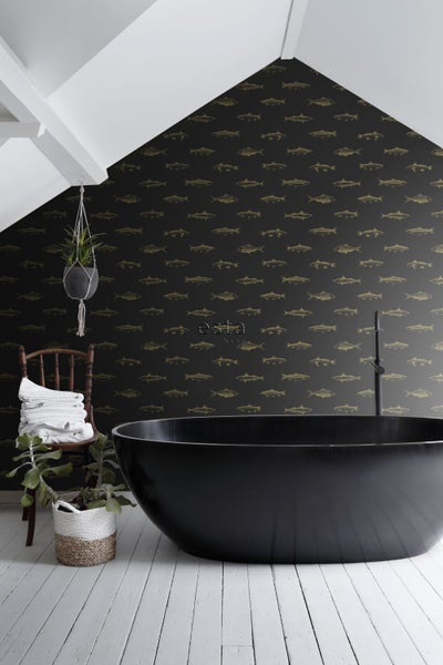 ESTAhome Tapete Federzeichnung Fisch Schwarz und Gold - 53 cm x 10.05 m - 139124
