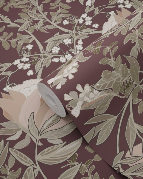 ESTAhome Tapete Blumenmuster im Jugendstil Aubergineviolett - 50 x 900 cm - 139694