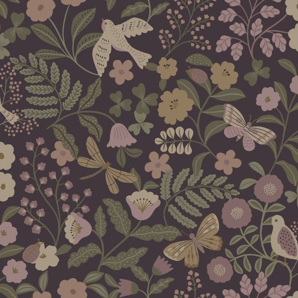 ESTAhome Tapete Blumen und Vögel Aubergineviolett, Olivgrün und Violett - 53 cm x 10.05 m - 139871