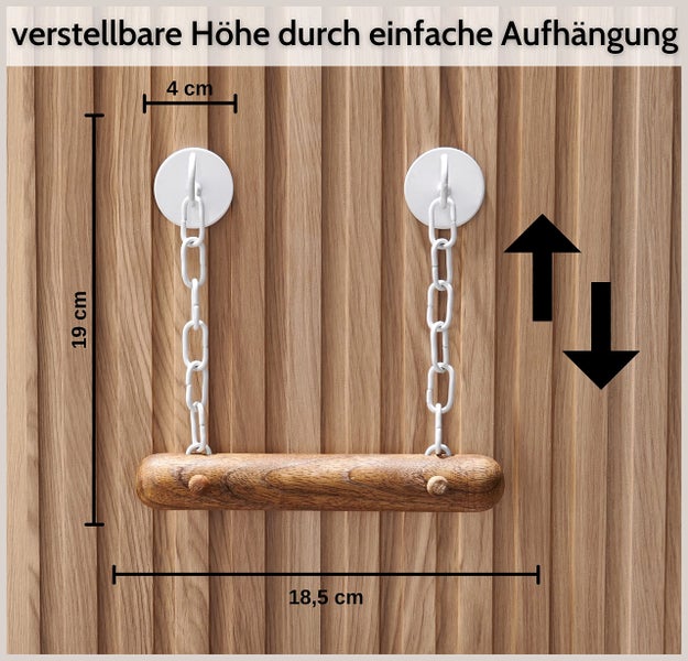 Verstellbare Wandhalterung aus Holz mit Kettenaufhängung. Maße: Breite 18,5 Zentimeter, Höhe 19 Zentimeter, Halterung 4 Zentimeter.